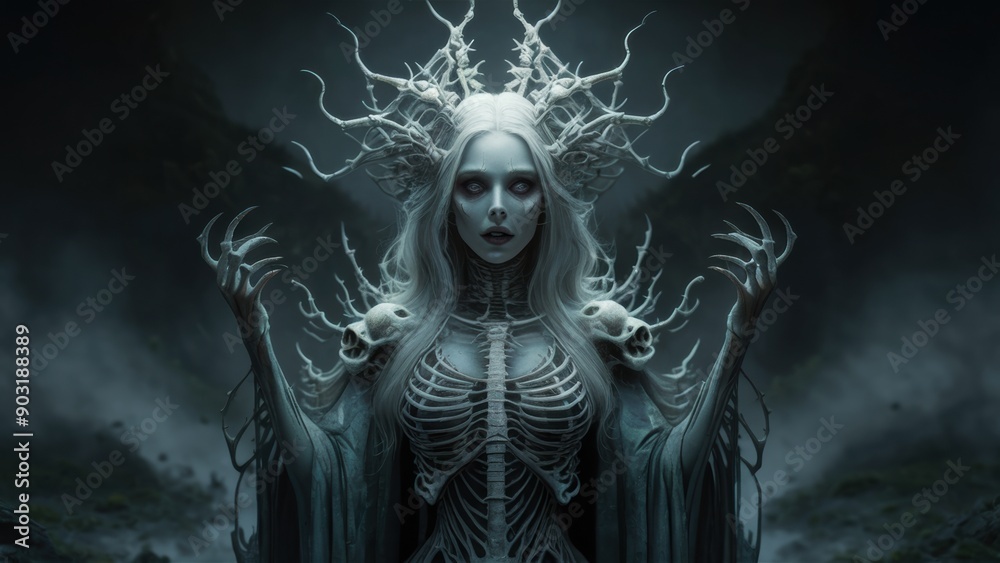 Fototapeta premium A woman with a skeleton face and long hair is standing in the dark, AI