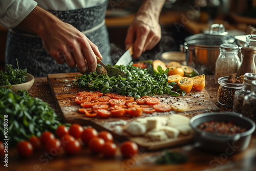 Preparing a healthy meal in a modern kitchen, with fresh ingredients and kitchen utensils, showcasing the process of healthy cooking.