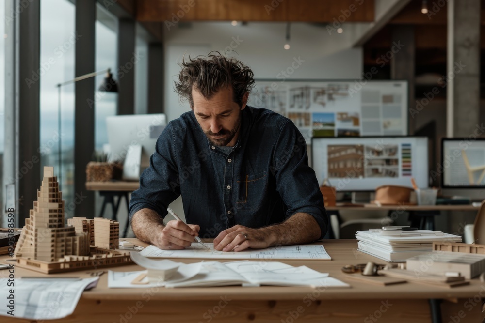 An architect working intently on a complex design project at his desk, surrounded by various architectural models and drawings, showcasing creativity and precision. An architect working intently on a complex design project at his desk, surrounded by various architectural models and drawings, showcasing creativity and precision.
