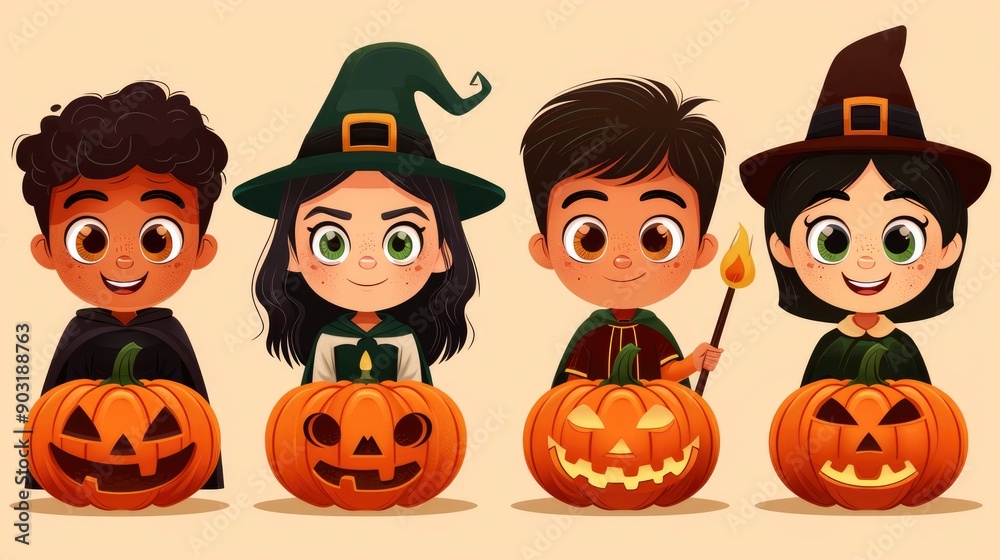 Fototapeta premium Cute Kids in Halloween Costumes with Jack-o'-Lanterns
