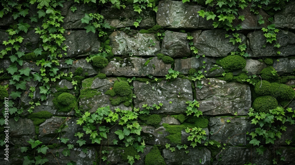 Moss covered stone walls with green vegetation surrounded by nature Moss covered stone walls with green vegetation surrounded by nature