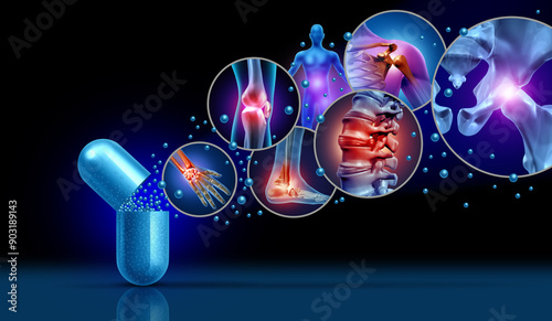 Foto Joint pain medication and painful injury or arthritis medicine symbol for health care and pharmaceutical pills for medical symptoms treatment of pain in the joints