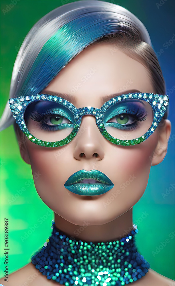 Computer portrait of a girl with shiny lipstick, model girl demonstrates transparent glasses with multi-colored glitter, Computer portrait of a girl with shiny lipstick, model girl demonstrates transparent glasses with multi-colored glitter,