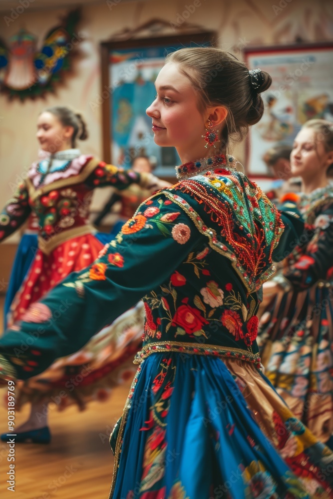 Naklejka premium Traditional Russian Dance Practice at Cultural School in Vibrant Costumes