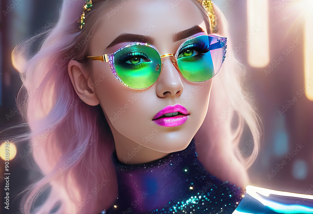 Obraz premium Computer portrait of a girl with shiny lipstick, model girl demonstrates transparent glasses with multi-colored glitter,