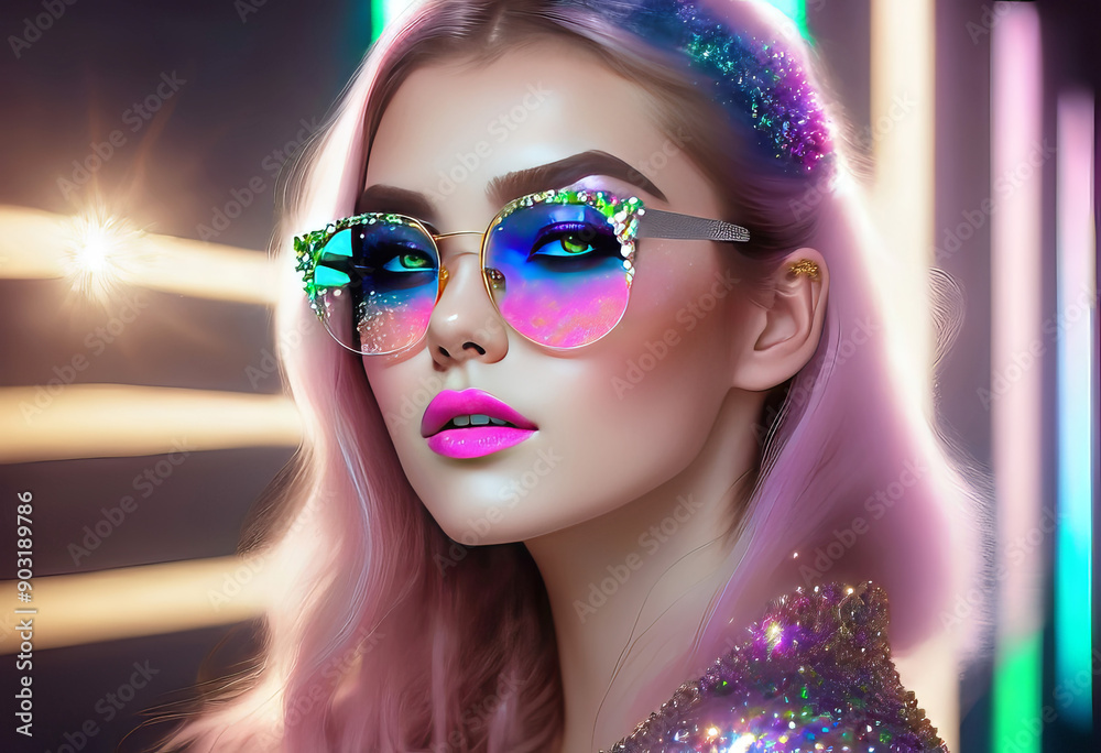 Computer portrait of a girl with shiny lipstick, model girl demonstrates transparent glasses with multi-colored glitter, Computer portrait of a girl with shiny lipstick, model girl demonstrates transparent glasses with multi-colored glitter,