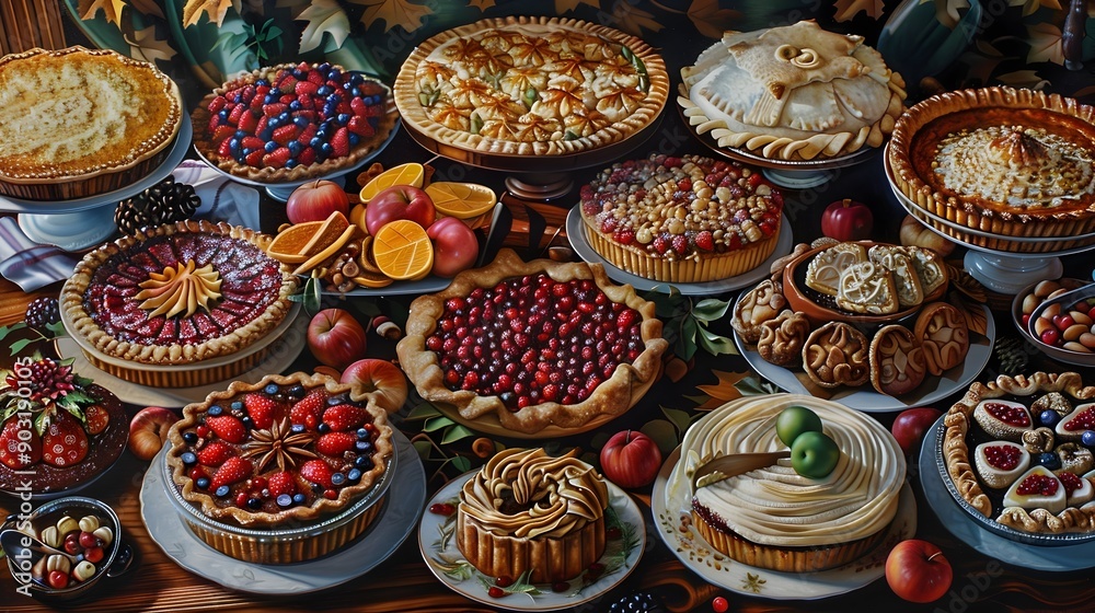 Fototapeta premium Thanksgiving Themed Pie Contest Displaying Diverse and Delectable Homemade Dessert Entries