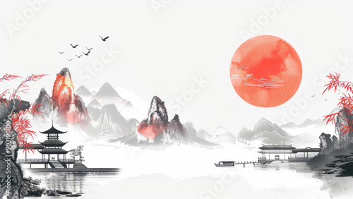 Traditional Chinese Landscape Painting with Red Sun