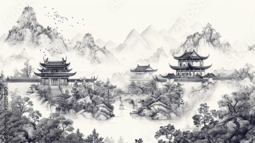 Traditional Chinese Landscape Painting with Red Sun