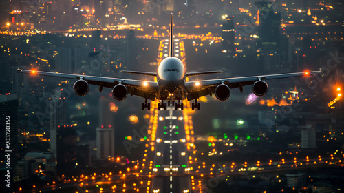 Airbus A380 Landing in Bangkok at Night photo