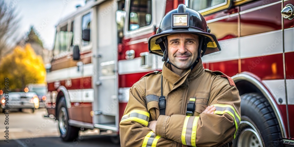 Firefighter in uniform standing in front of a fire truck.