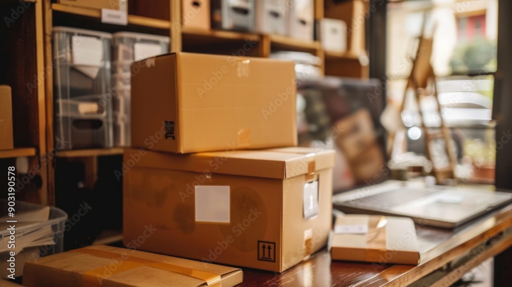 Cardboard boxes and packages stacked in a cozy home office, ready for shipping or organizing. Cardboard boxes and packages stacked in a cozy home office, ready for shipping or organizing.