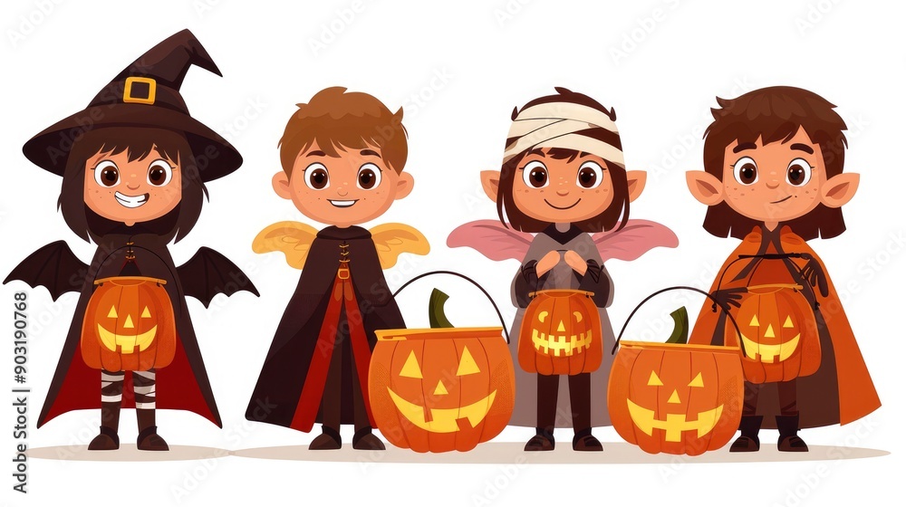 Kids in Halloween Costumes Trick-or-Treating with Pumpkins Kids in Halloween Costumes Trick-or-Treating with Pumpkins