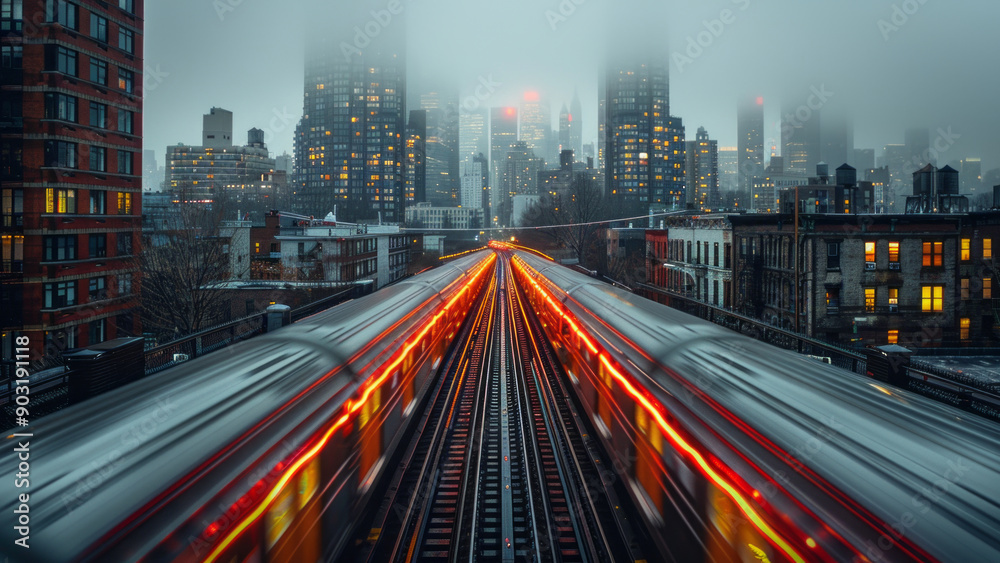 Obraz premium Vibrant City Street in the Rain with Light Trails