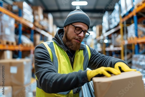 A worker dressed in a high-visibility vest and gloves is busy organizing and prepping packages for shipping in a packed warehouse, emphasizing efficiency and organization.