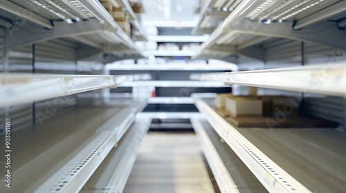 Close-up empty shelves at the supermarket, retail grocery store, no products, out of stock, sold-out goods, global economic business crisis, shopping mall inventory, food supplies, marketing