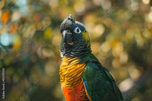 A close-up image of a colorful parrot, showcasing its vibrant feathers and inquisitive expression against a lush green background, highlighting the bird's beauty and natural habitat. photo