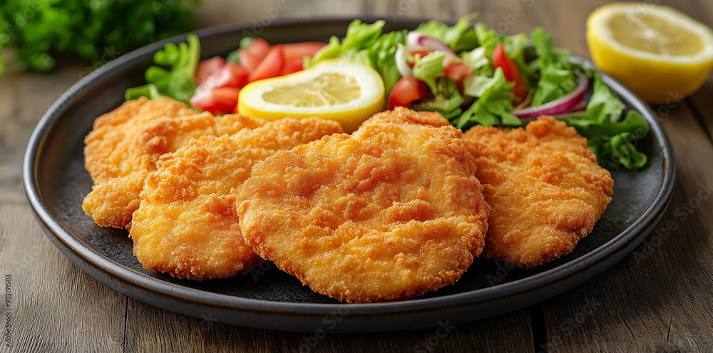 Delicious pure background food is breaded chicken cutlets with lemon and salad on a plate
Delicious pure background food is breaded chicken cutlets with lemon and salad on a plate