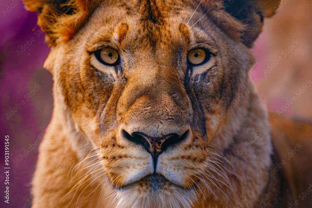 Obraz premium An up-close photograph capturing the intense and mesmerizing gaze of a lion, highlighting the detailed texture and features of its majestic face against a natural backdrop.