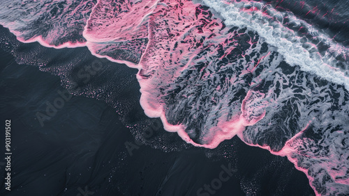 Pink Waves Crashing on Black Sand Beach