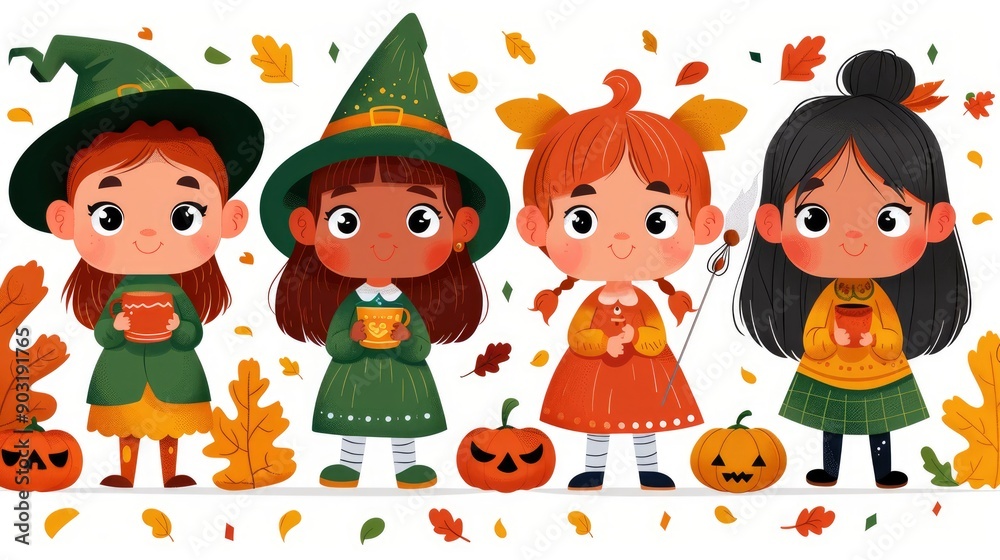Fototapeta premium Cute Witches and Girlfriends Enjoying Autumn