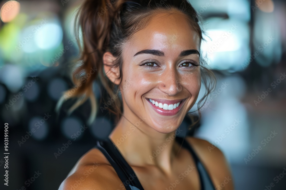 A fit muscular female personal trainer smiling at the camera in a gym, close up A fit muscular female personal trainer smiling at the camera in a gym, close up