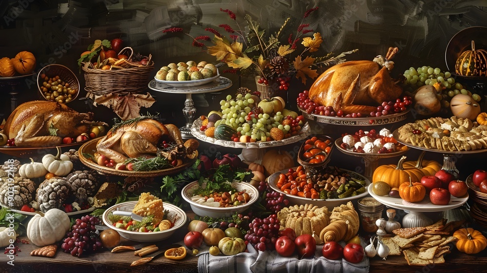 Lavishly Displayed Thanksgiving Feast with Abundance of Traditional Dishes and Decor Lavishly Displayed Thanksgiving Feast with Abundance of Traditional Dishes and Decor