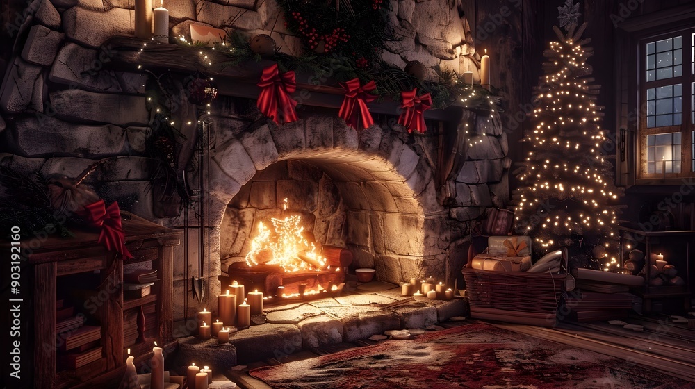 Obraz premium Cozy Holiday Fireplace with Roaring Flames and Christmas Decor