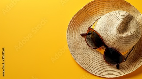 Brown hat and sunglasses ready for summer fun on bright yellow background