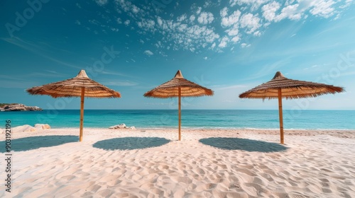 Raffia fiber beach umbrellas on sandy shoreline under clear blue sky