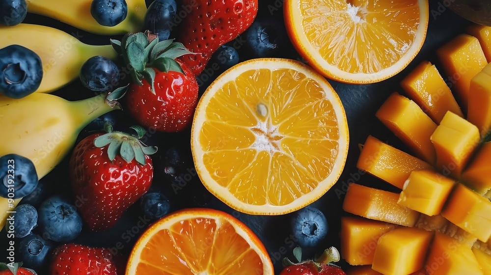 Assorted Fresh Fruit Flat Lay Display Including Oranges Strawberries Bananas Blueberries and Mango Assorted Fresh Fruit Flat Lay Display Including Oranges Strawberries Bananas Blueberries and Mango