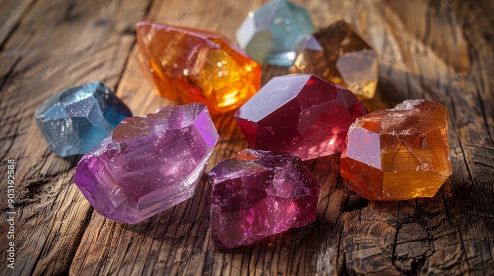 Wisdom gems displayed on rustic wooden surface in various colors