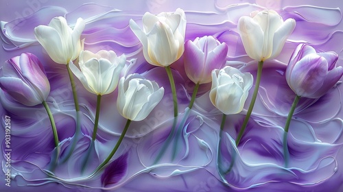 White tulips with purple edges on a soft purple background in full bloom