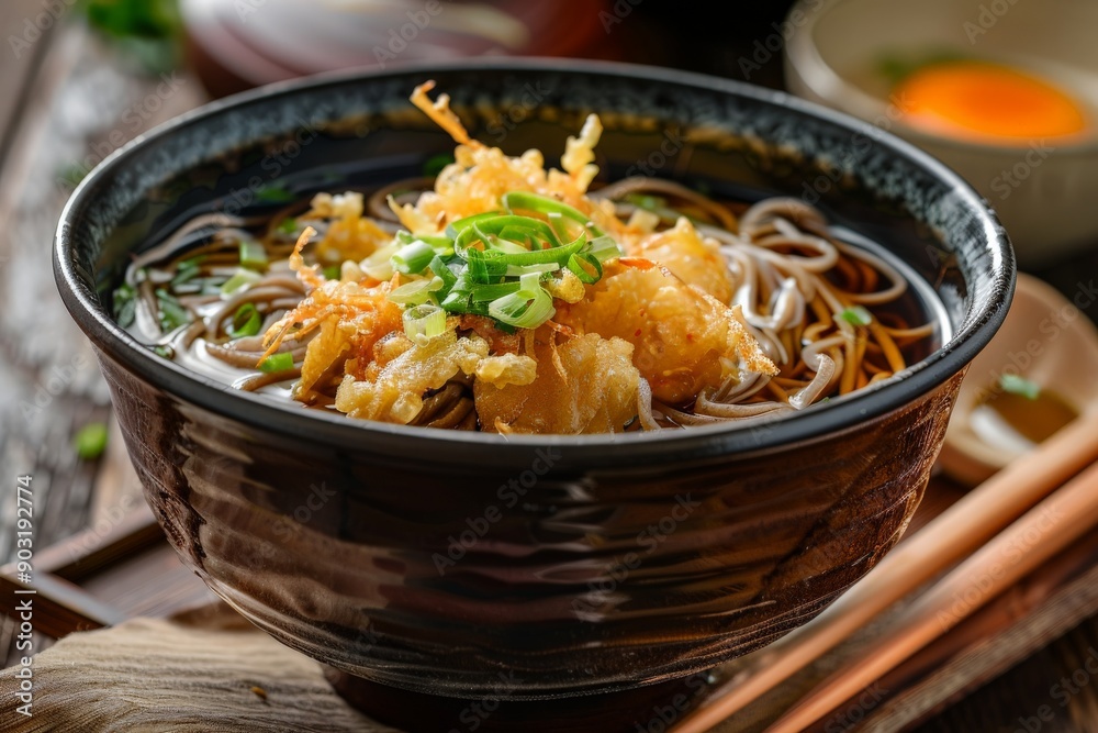 A bowl of delicious tempura soba noodles garnished with chopped green onions, featuring crispy tempura pieces, a brown ceramic bowl, and a wooden table setting. A bowl of delicious tempura soba noodles garnished with chopped green onions, featuring crispy tempura pieces, a brown ceramic bowl, and a wooden table setting.