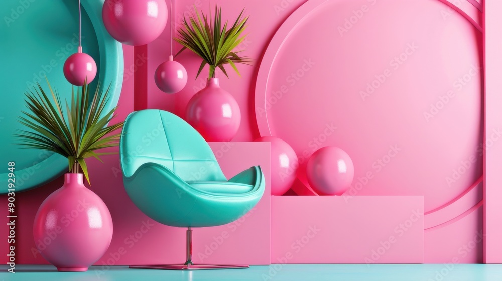 A pink chair sits in front of a blue wall A pink chair sits in front of a blue wall