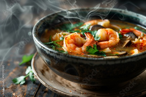 A steaming bowl of flavorful shrimp soup garnished with fresh herbs, featuring plump shrimp, vegetables, and a rich broth, providing a delectable culinary experience. photo