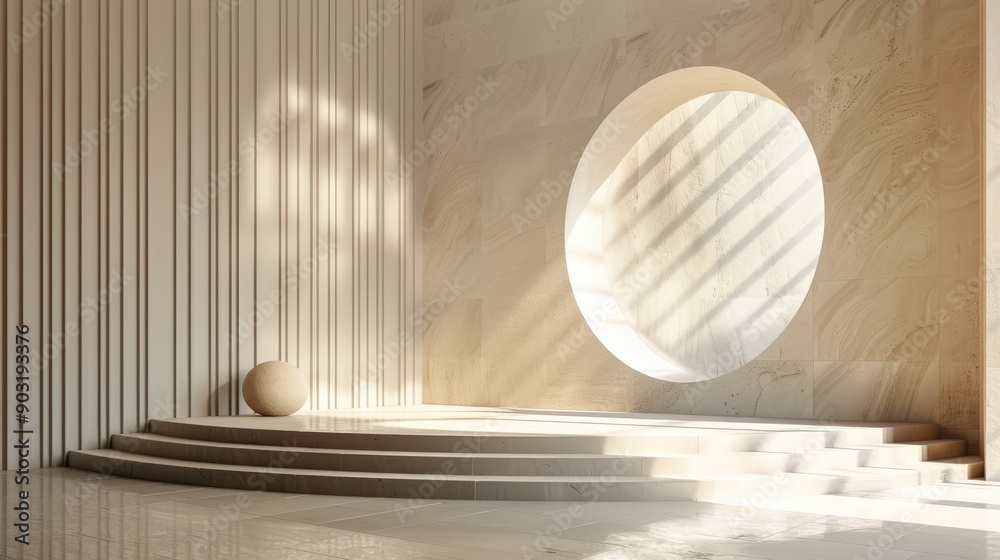 Obraz premium A 3D beige podium in an abstract studio scene, featuring a product display stand on a minimal stage with a pastel wall and luxury design elements, highlighted by subtle geometric shadows