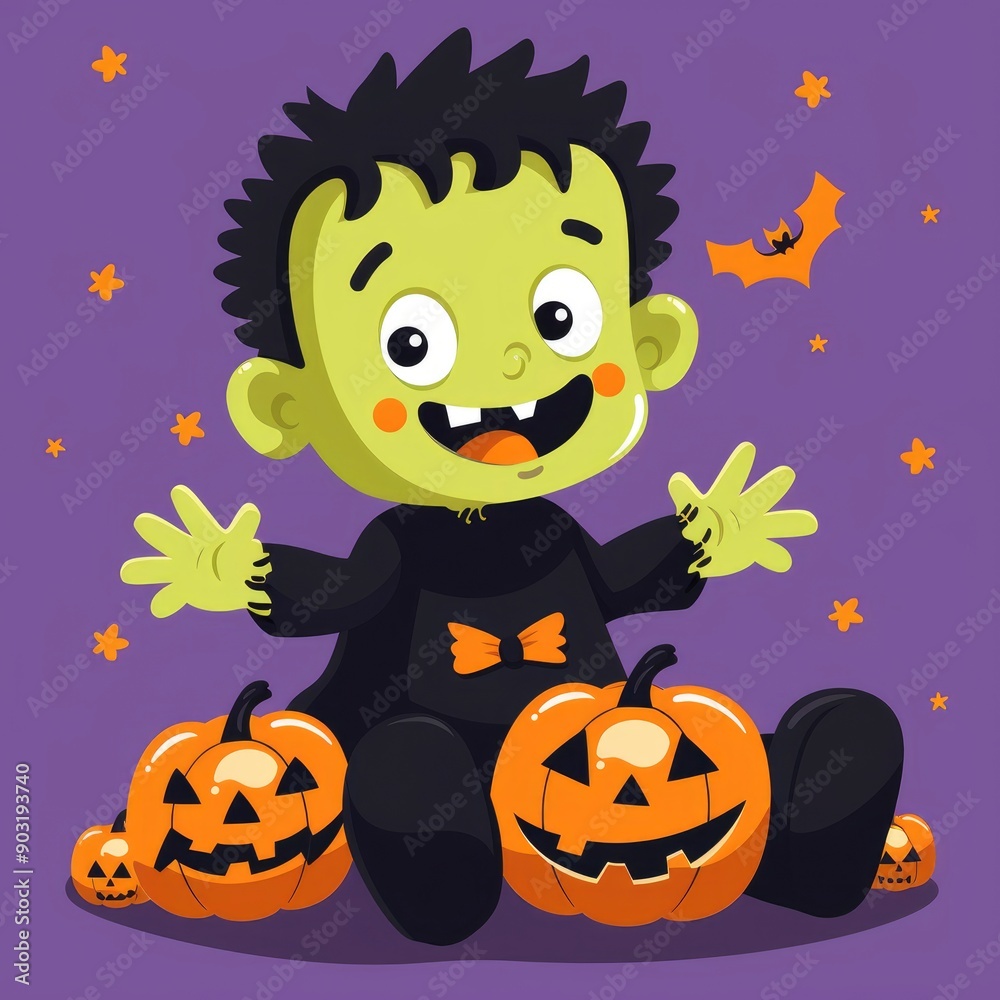 Fototapeta premium Happy Halloween Monster with Pumpkins