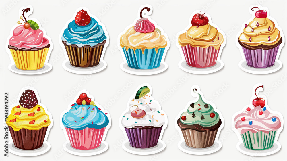 Fototapeta premium Colorful Assortment of Decorative Cupcakes Displayed on a White Background in a Bakery Style