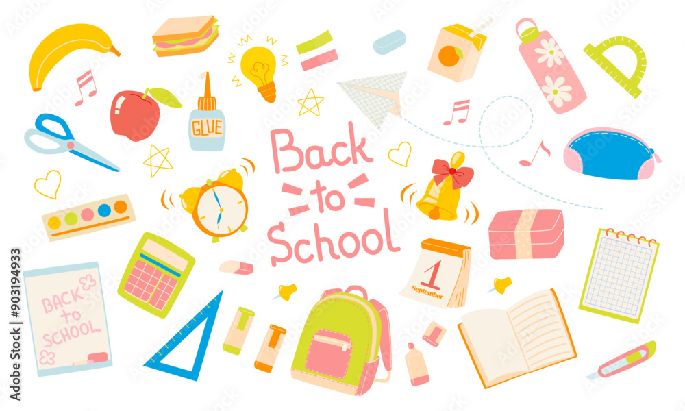 Back to school set with bright colorful illustrations of school supplies and lettering: backpack, lunchbox, alarm clock, book, paints, ruler, markers. Kids education elements Back to school set with bright colorful illustrations of school supplies and lettering: backpack, lunchbox, alarm clock, book, paints, ruler, markers. Kids education elements