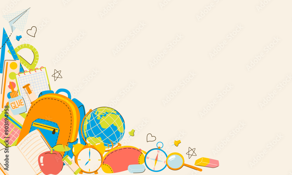 Fototapeta premium Back to school background with blank space and school supplies illustrations, backpack, books, alarm clock, globe, paints, pencil box, ruler, markers. Design for posts, flyer, social media, banner