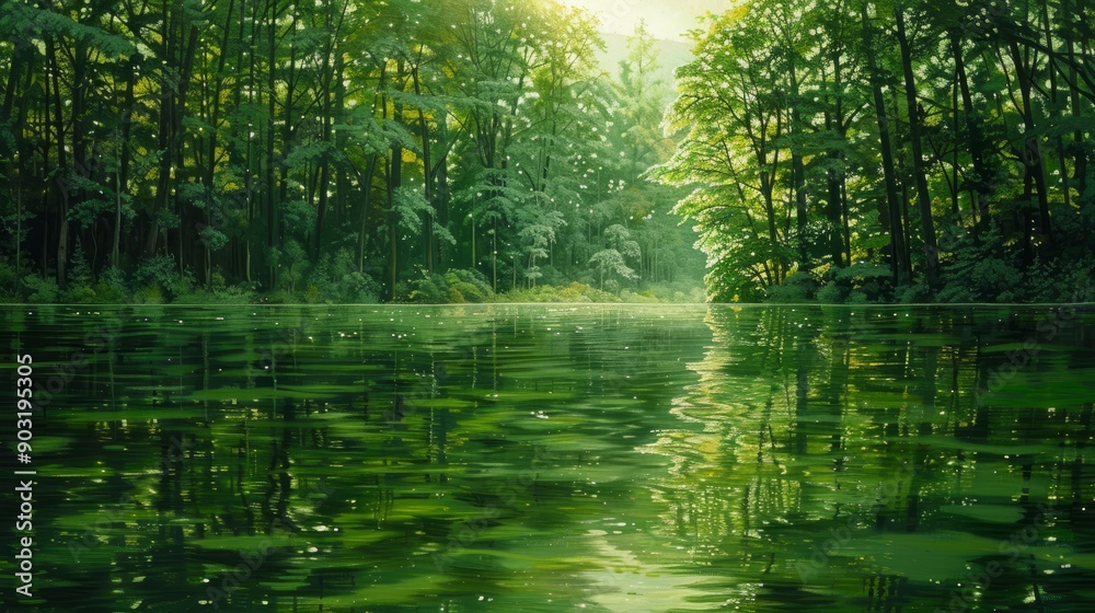 Tranquil green waters reflecting lush trees in a serene natural landscape Tranquil green waters reflecting lush trees in a serene natural landscape