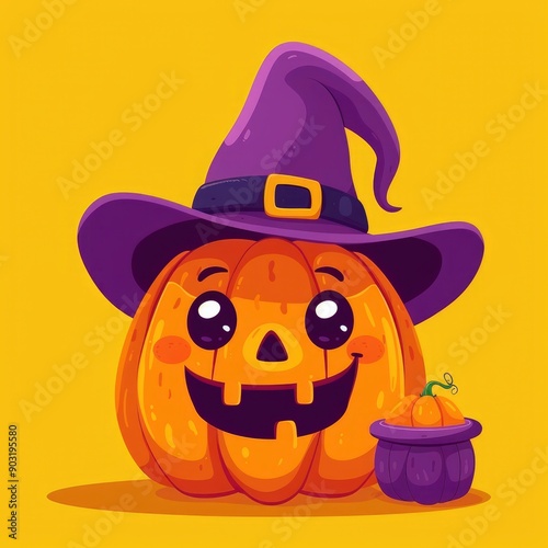 Cute Cartoon Pumpkin with Witch Hat and Jack-o'-lantern