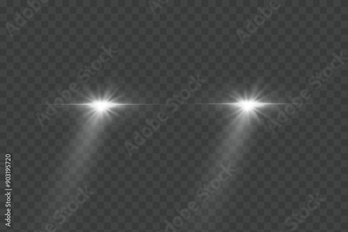 Cars light effect. White glow car headlight bright beams ray isolated on transparent background