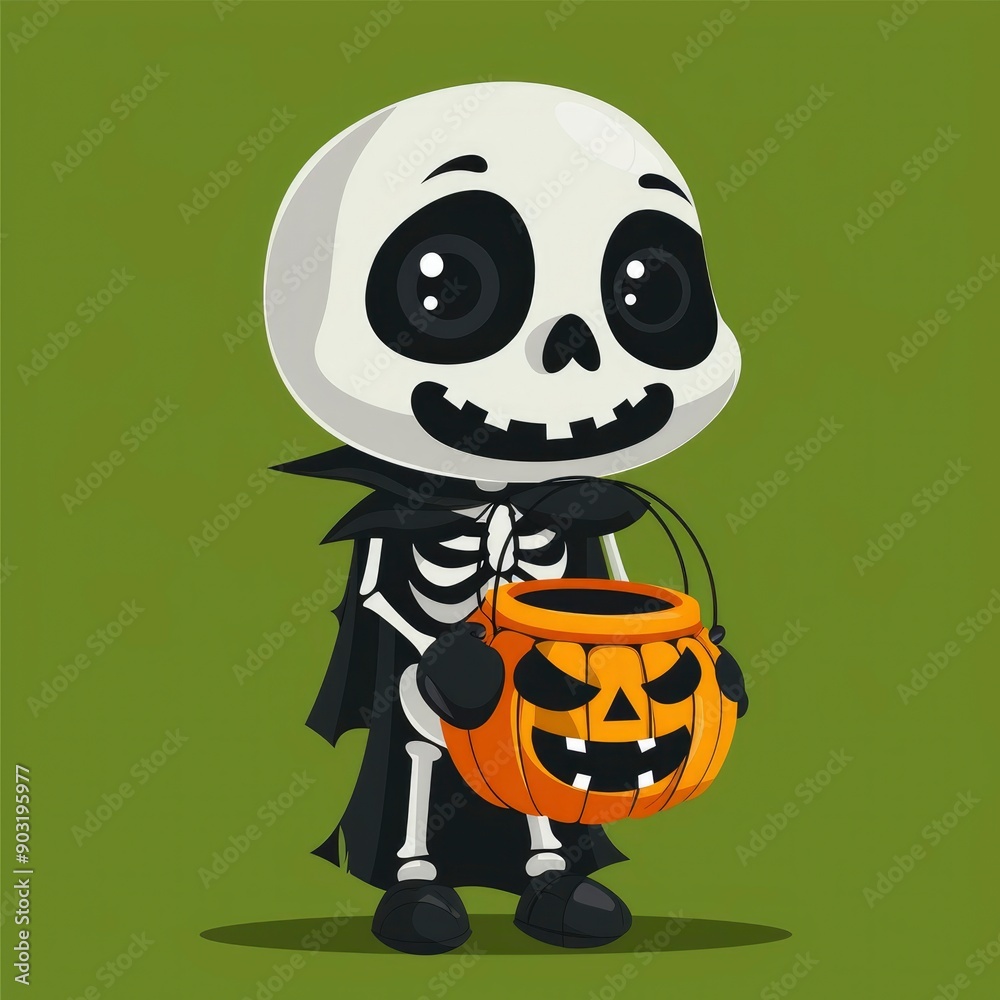 Cute Skeleton Kid Holding a Pumpkin Bucket for Halloween Cute Skeleton Kid Holding a Pumpkin Bucket for Halloween