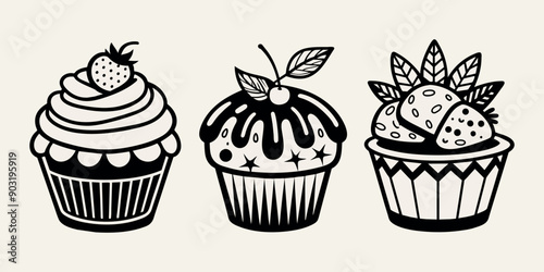 hand drawn cupcake, set of cupcakes