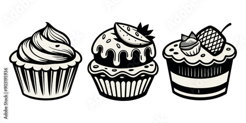 cupcake illustration, set of cupcakes, hand drawn cupcake