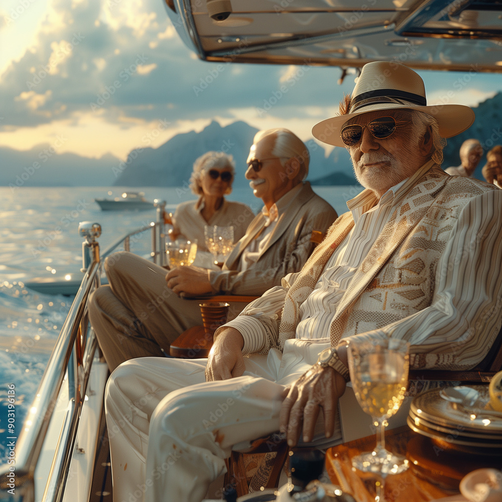 Create a hyper-realistic scene capturing the essence of elderly gentlemen savoring life on a luxurious yacht. While the elderly men should be present in the composition, they are not the primary focus Create a hyper-realistic scene capturing the essence of elderly gentlemen savoring life on a luxurious yacht. While the elderly men should be present in the composition, they are not the primary focus