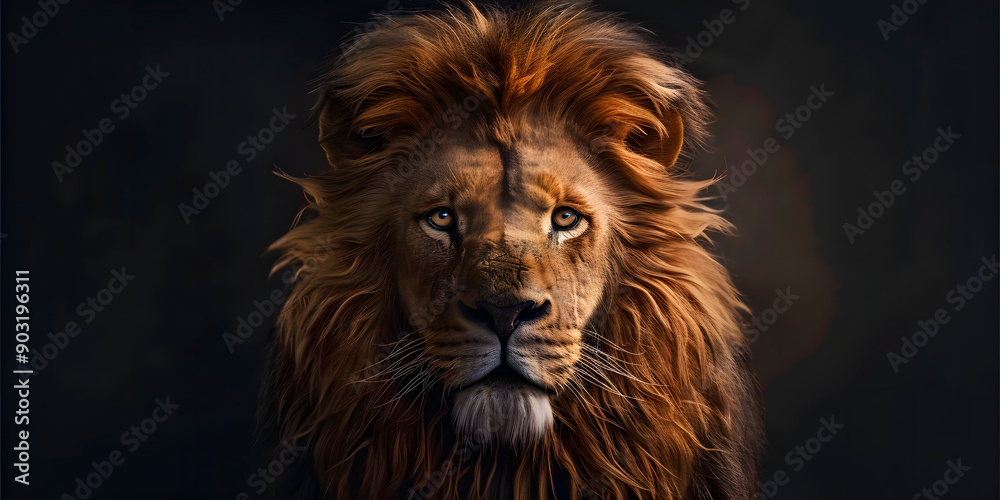 Naklejka premium Rostro feroz de un león en fondo negro