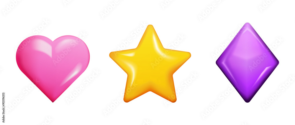 3D shapes and elements. Heart, star and rhombus. Plastic. Balloons and bubbles. Render. Shiny. Icon. Vector. Isolated. Trendy icons for games and web design. Doodle 3D shapes and elements. Heart, star and rhombus. Plastic. Balloons and bubbles. Render. Shiny. Icon. Vector. Isolated. Trendy icons for games and web design. Doodle
